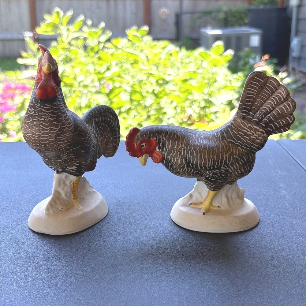 Vintage Occupied Japan Rooster Hen Porcelain Figurines Set Barred Rock Chicken